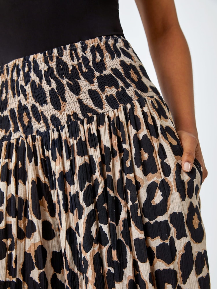 Roman Brown Animal Stretch Shirred Palazzo Trousers - Image 6 of 6