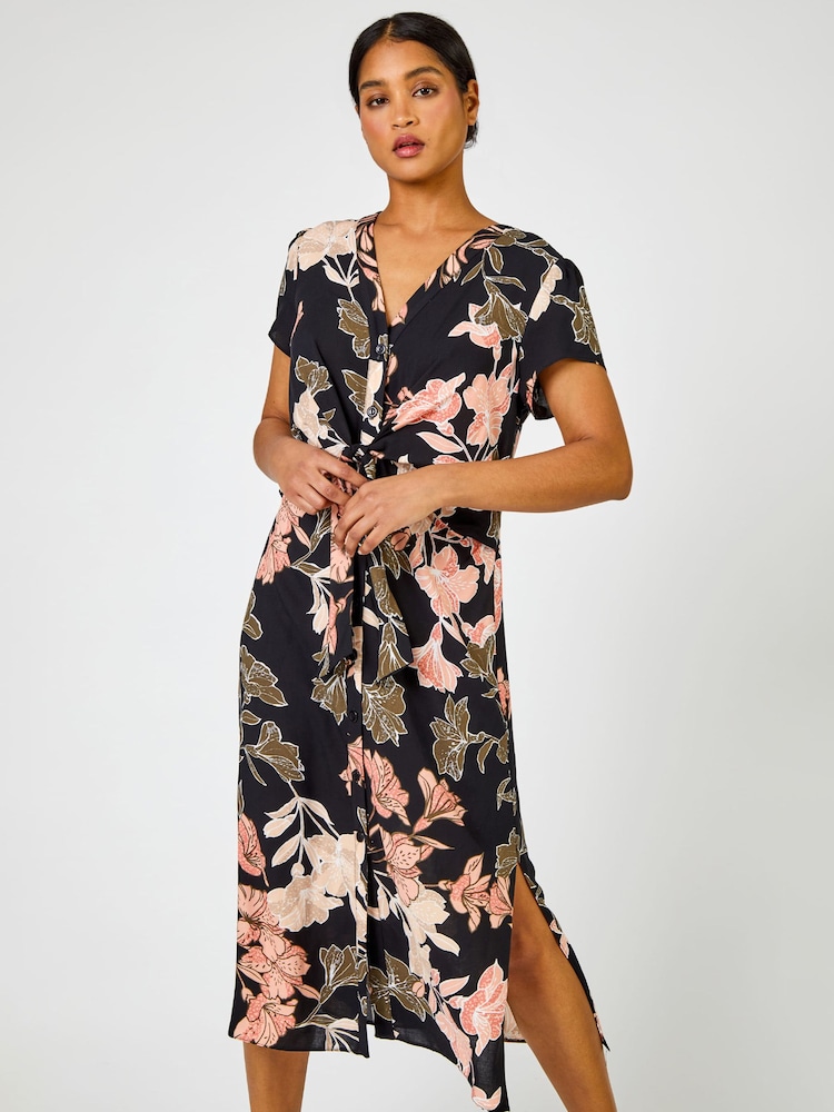 Roman Black Tropical Print Tie Knot Detail Dress - Image 1 of 4