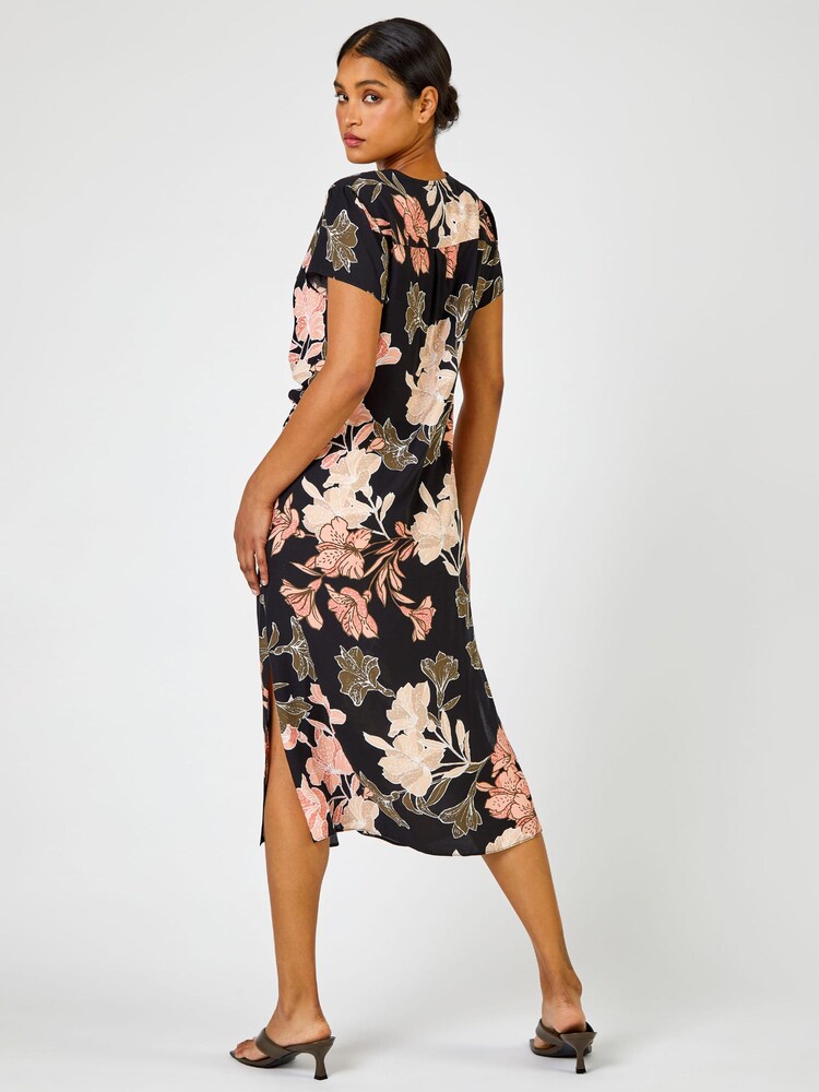Roman Black Tropical Print Tie Knot Detail Dress - Image 2 of 4