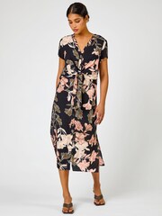 Roman Black Tropical Print Tie Knot Detail Dress - Image 3 of 4