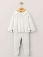 Mamas & Papas Frill Knitted White Top & Leggings Set - Image 1 of 5