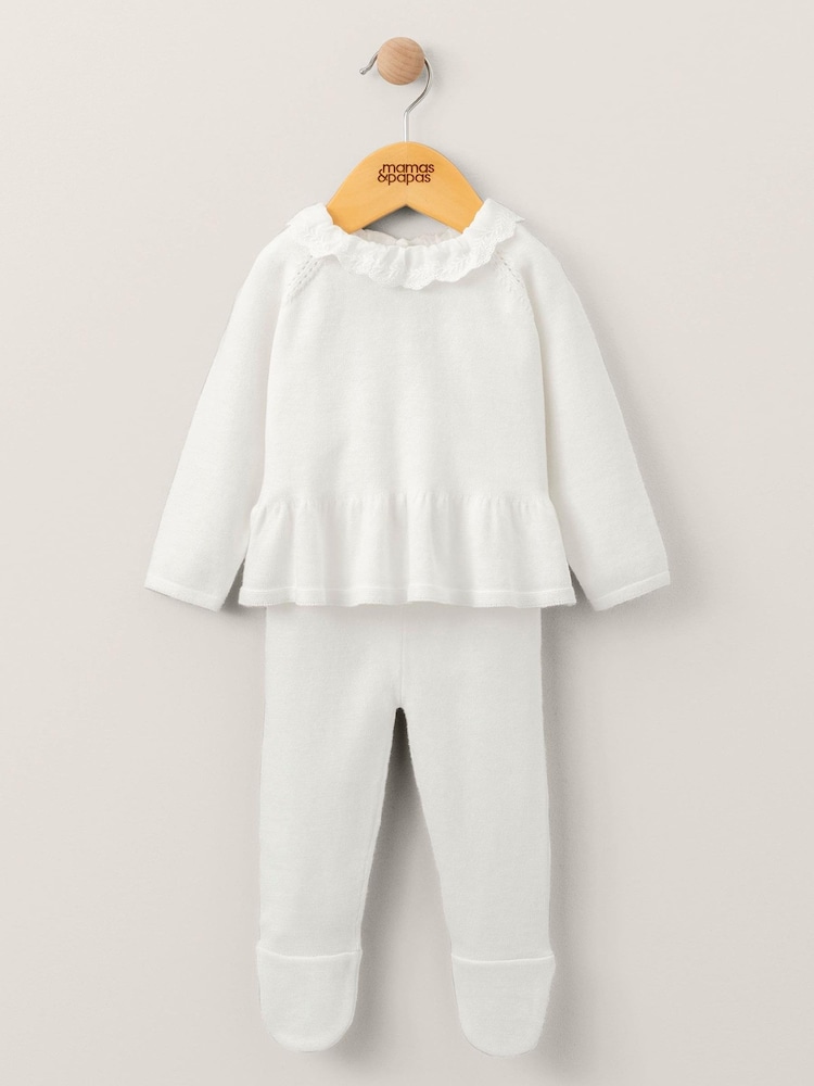 Mamas & Papas Frill Knitted White Top & Leggings Set - Image 1 of 5