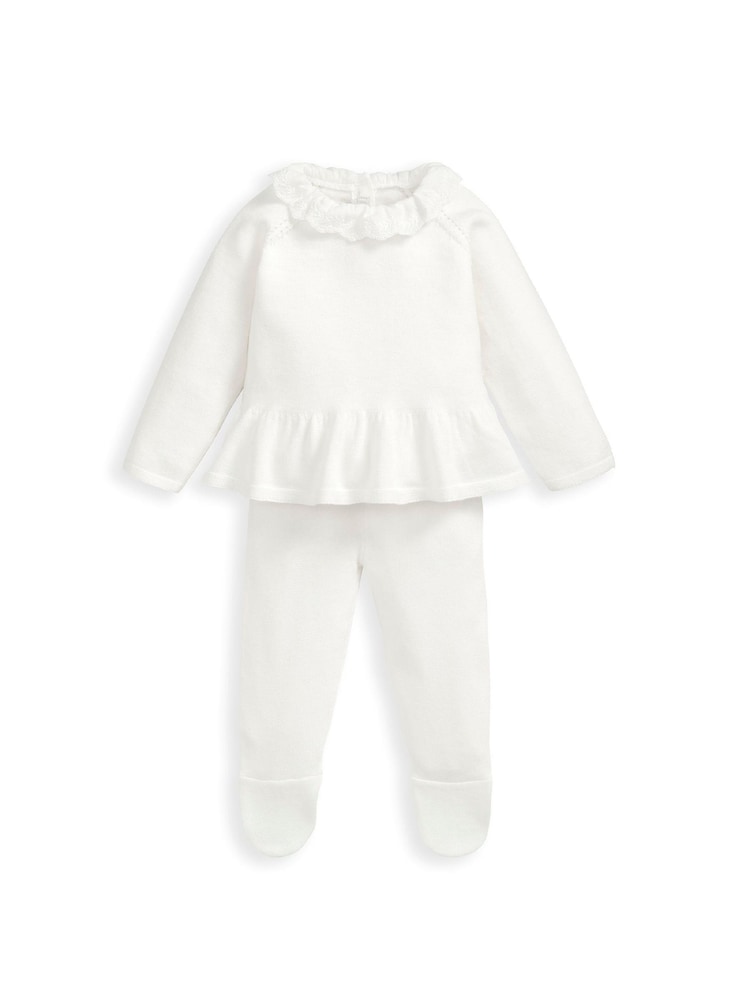 Mamas & Papas Frill Knitted White Top & Leggings Set - Image 2 of 5