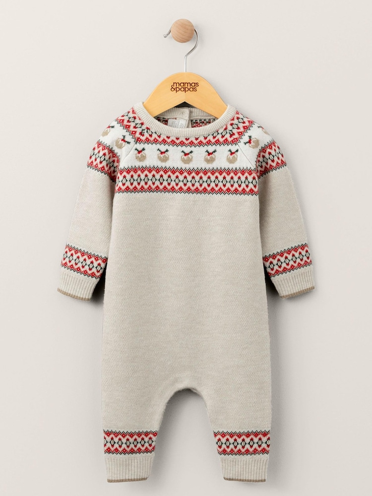 Mamas & Papas Fairisle Knitted Christmas Brown Romper - Image 1 of 3