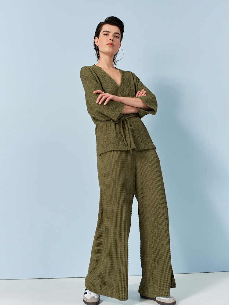 Khaki Green Textured Wide Leg Trousers - Image 1 of 6