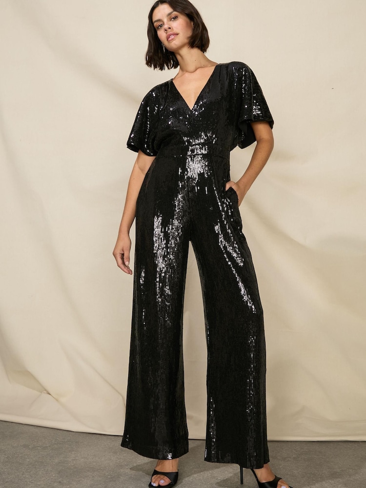 Ro&Zo Petite Sequin Wide Leg Black Jumpsuit - Image 1 of 4