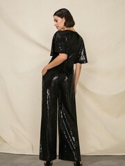 Ro&Zo Petite Sequin Wide Leg Black Jumpsuit - Image 2 of 4