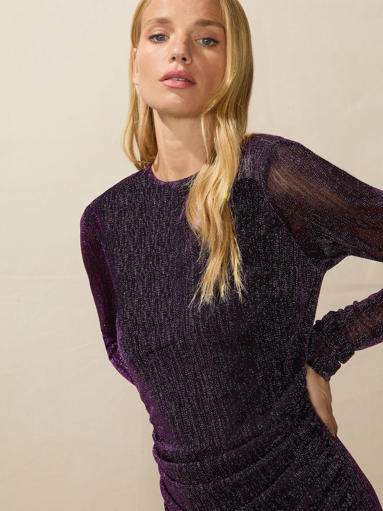 Ro&Zo Purple Sparkle Jersey Long Sleeve Midi Dress - Image 4 of 4