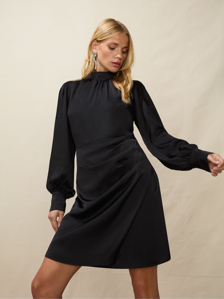 Ro&Zo Black High Neck Wrap Skirt Short Dress - Image 1 of 1 Ro&Zo Black High Neck Wrap Skirt Short Dress - Image 1 of 1