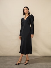 Ro&Zo Petite Satin Jacquard Puff Sleeve Black Dress - Image 1 of 4