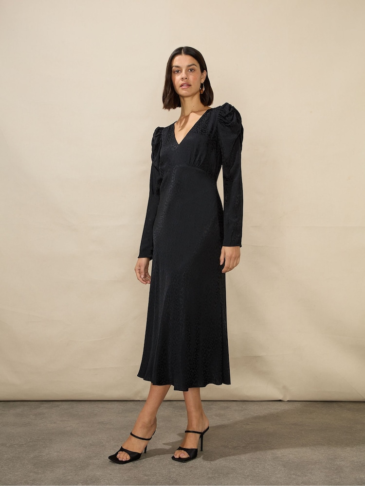 Ro&Zo Petite Satin Jacquard Puff Sleeve Black Dress - Image 1 of 4