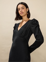 Ro&Zo Petite Satin Jacquard Puff Sleeve Black Dress - Image 3 of 4
