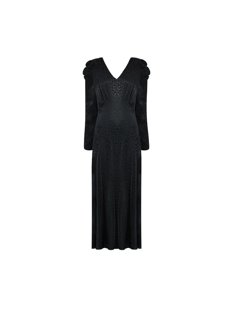 Ro&Zo Petite Satin Jacquard Puff Sleeve Black Dress - Image 4 of 4