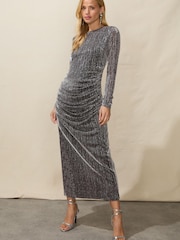 Ro&Zo Silver Sparkle Jersey Flutter Sleeve Midi Dress - Image 5 of 6