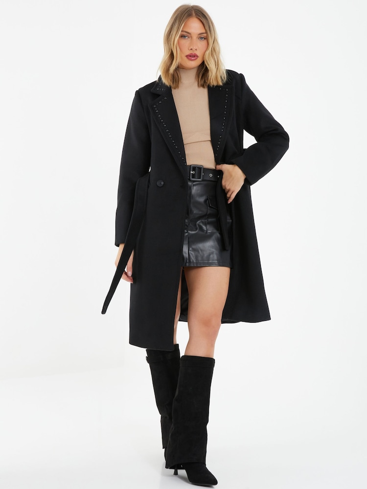 Quiz Black Tie Waist Coat With Embellished Lappel Detail - Image 1 of 4