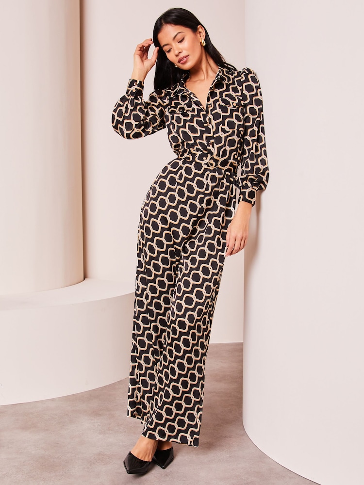 Lipsy Black Petite Geo Print Long Sleeve Shirt Jumpsuit - Image 3 of 4