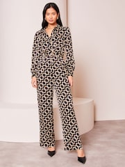 Lipsy Black Tall Geo Print Long Sleeve Shirt Jumpsuit - Image 1 of 5