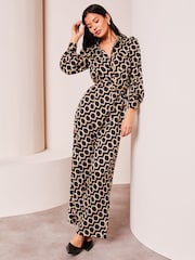 Lipsy Black Tall Geo Print Long Sleeve Shirt Jumpsuit - Image 3 of 5