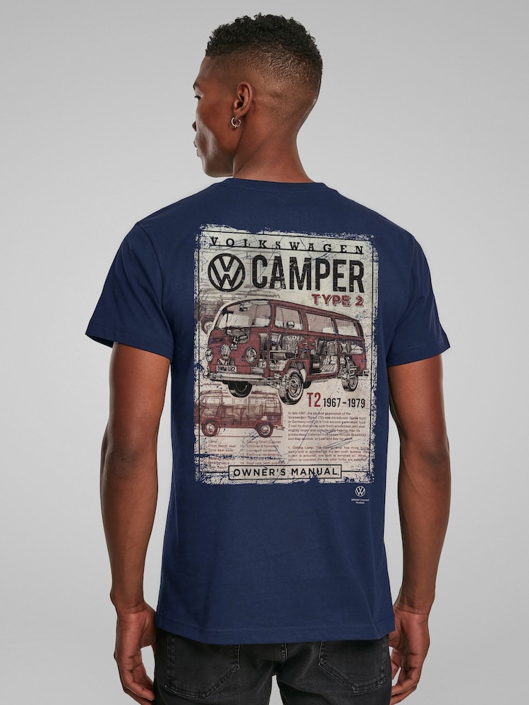 All + Every Blue Volkswagen Type 2 Camper Owner's Manual T-Shirt - Image 1 of 4