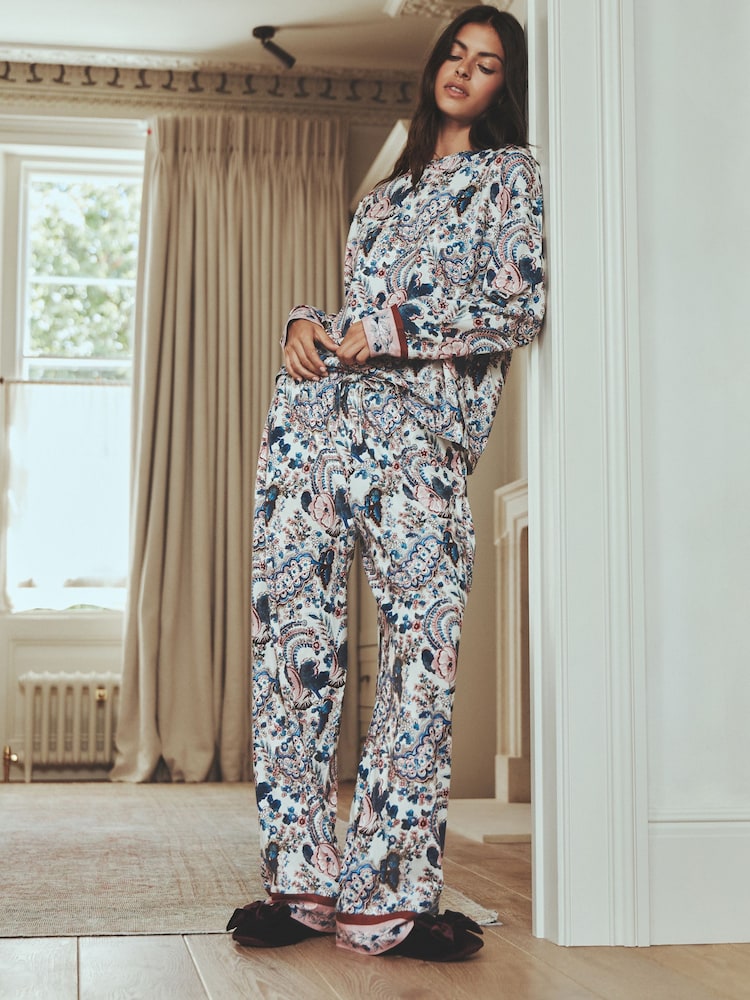 Blue/Cream Paisley Floral - Long sleeve Pyjamas - 6şəkildən 1 şəkil Blue/Cream Paisley Floral - Long sleeve Pyjamas - 6şəkildən 1 şəkil