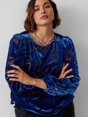 Oliver Bonas Blue Velvet Sheer Blouse - Image 1 of 7