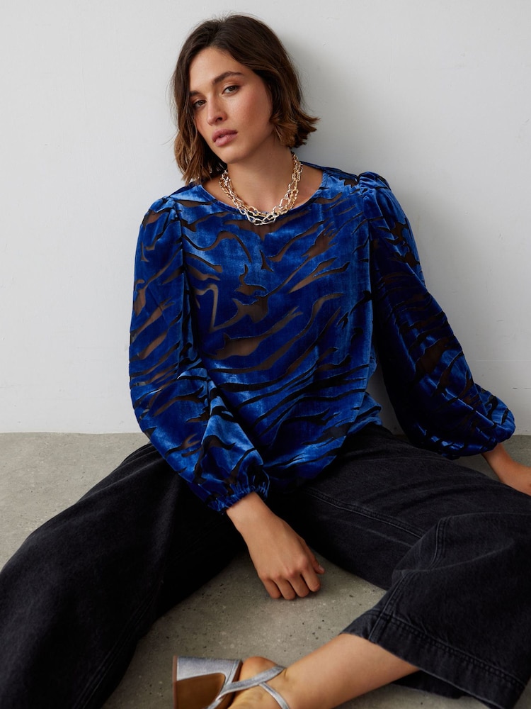 Oliver Bonas Blue Velvet Sheer Blouse - Image 2 of 7 Oliver Bonas Blue Velvet Sheer Blouse - Image 2 of 7