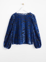Oliver Bonas Blue Velvet Sheer Blouse - Image 3 of 7