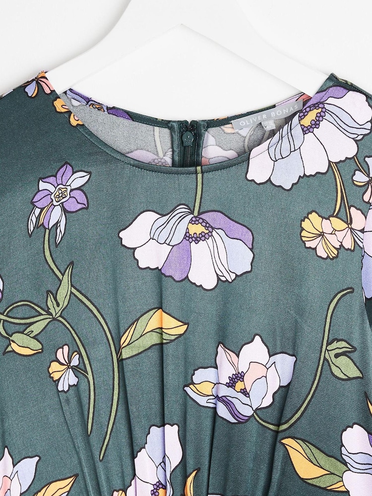 Robe mi-longue Oliver Bonas Twilight Bloom verte à fleurs - Image 6 of 7