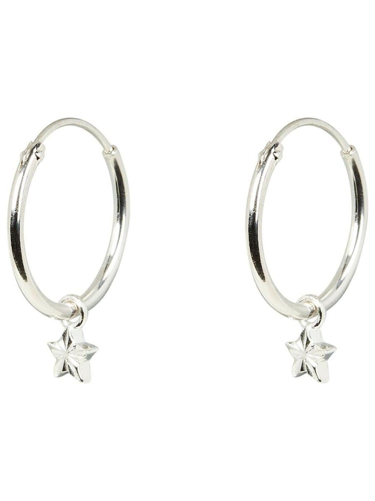 Oliver Bonas Silver Plated Haru Engraved Star Charm Hoop Earrings - Image 1 of 4