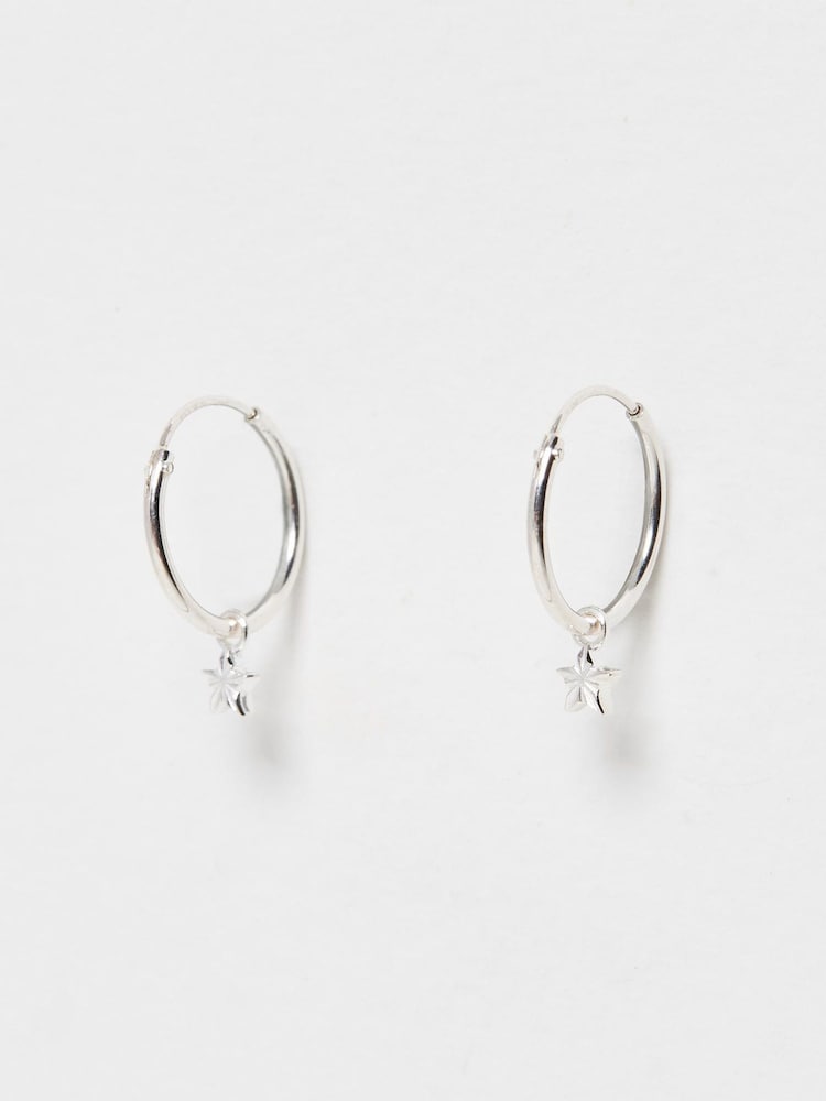 Oliver Bonas Silver Plated Haru Engraved Star Charm Hoop Earrings - Image 2 of 4
