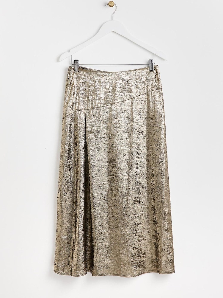 Oliver Bonas Gold Metallic Shimmer Midi Skirt - Image 1 of 5