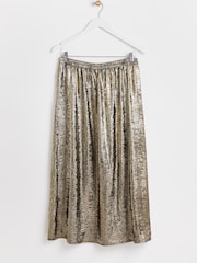 Oliver Bonas Gold Metallic Shimmer Midi Skirt - Image 2 of 5