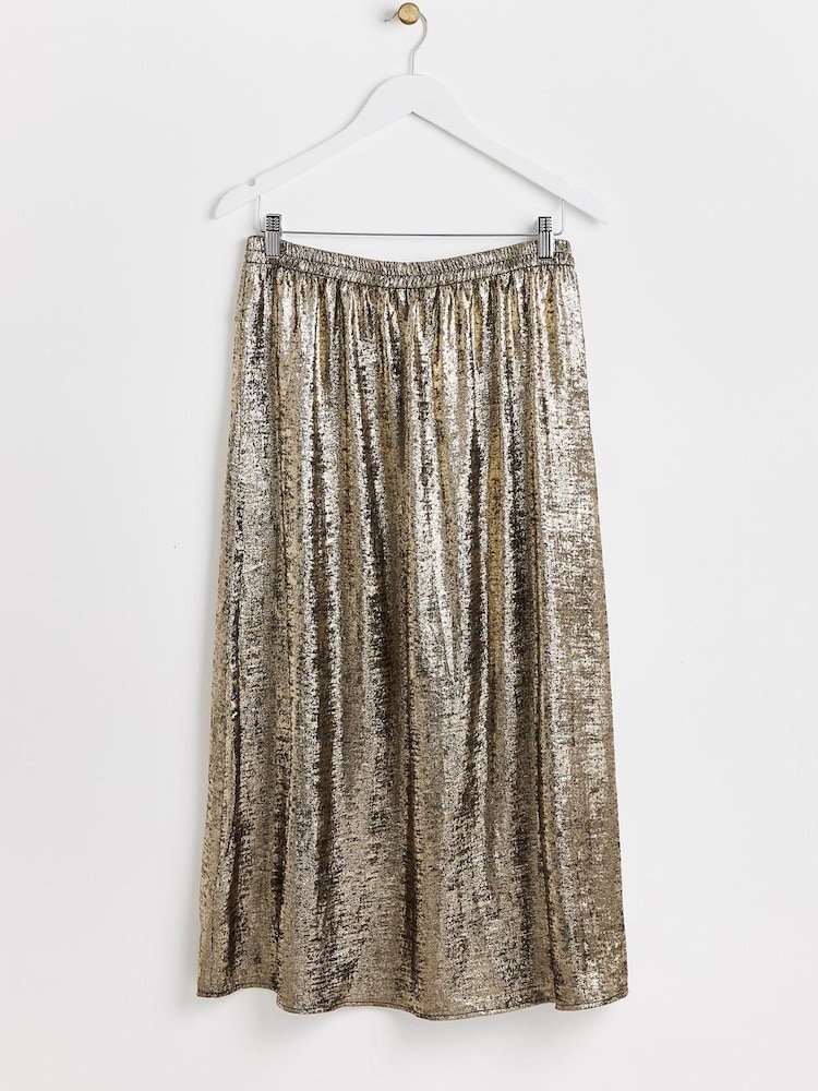Oliver Bonas Gold Metallic Shimmer Midi Skirt - Image 2 of 5