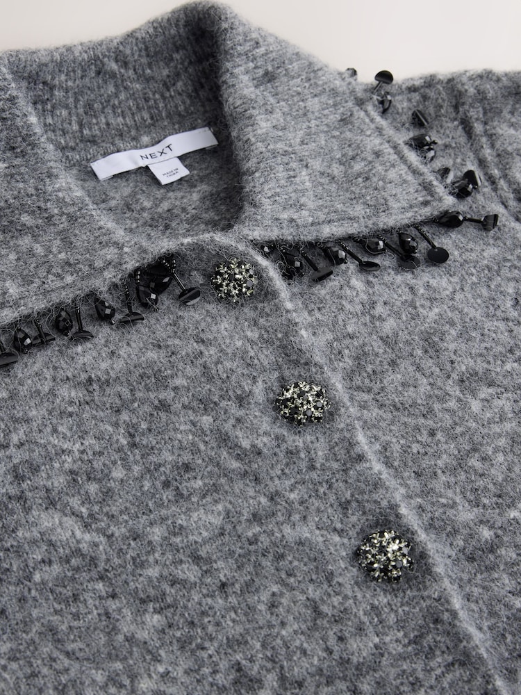 Mid Grey Beaded Fringe - Strick-Cardigan mit Kragen und Wollanteil - Bild 8 von 8