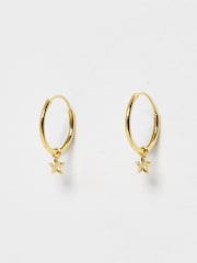 Oliver Bonas Gold Plated Haru Engraved Star Charm Hoop Earrings - Image 1 of 5