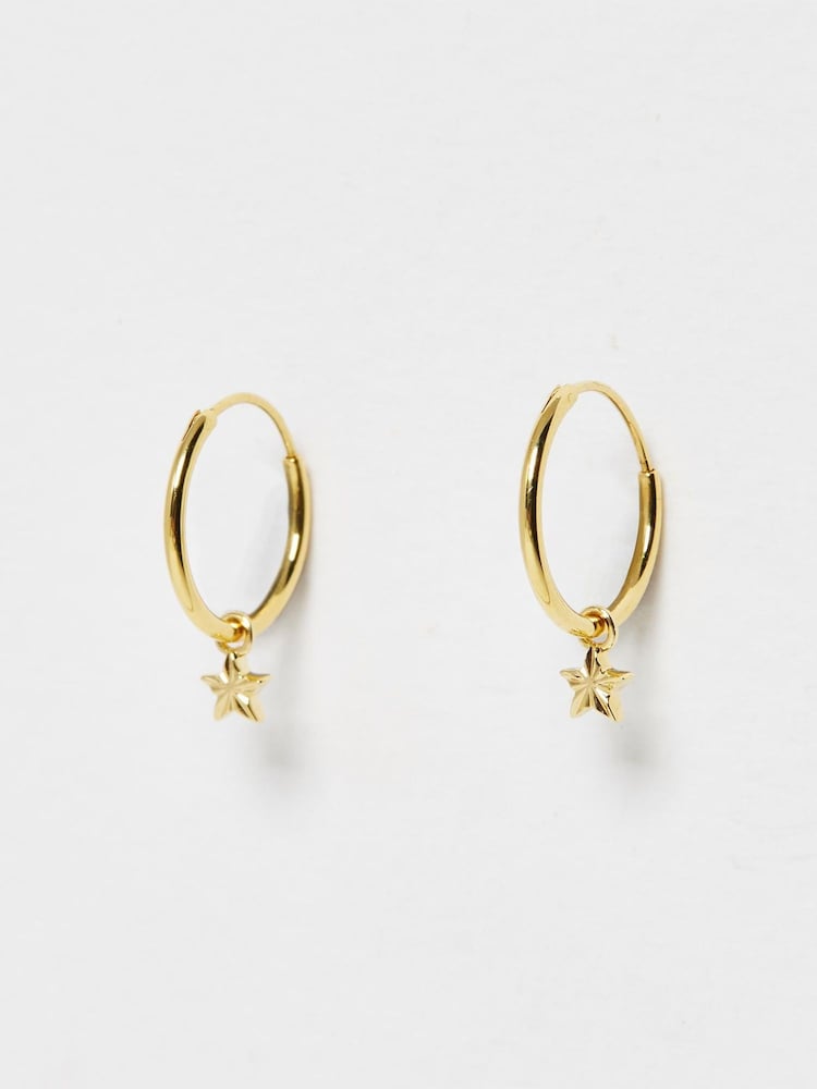 Oliver Bonas Gold Plated Haru Engraved Star Charm Hoop Earrings - Image 1 of 5