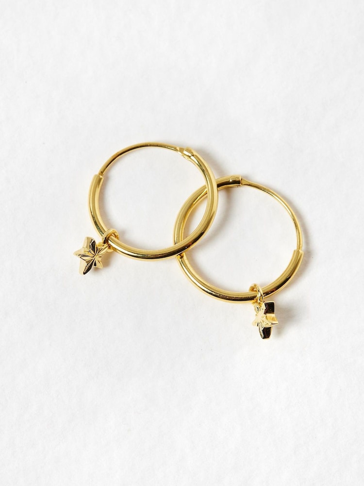Oliver Bonas Gold Plated Haru Engraved Star Charm Hoop Earrings - Image 2 of 5