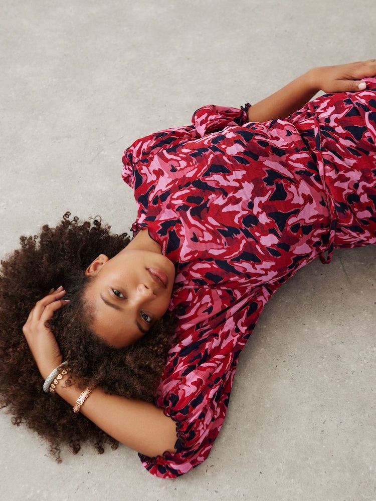 Oliver Bonas Pink Abstract Animal Print Pleated Midi Dress - Image 2 of 7