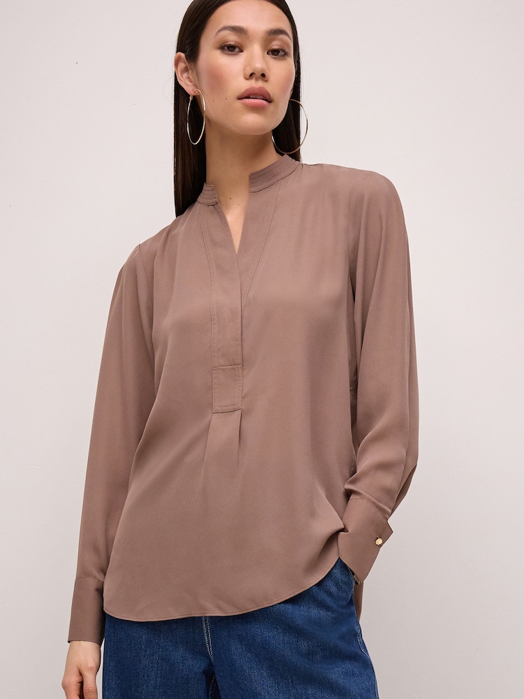 Taupe Long Sleeve Overhead V-Neck Relaxed Fit Blouse - Image 1 of 6
