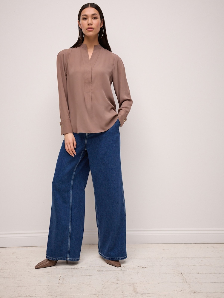 Taupe Long Sleeve Overhead V-Neck Relaxed Fit Blouse - Image 2 of 6
