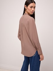 Taupe Long Sleeve Overhead V-Neck Relaxed Fit Blouse - Image 3 of 6