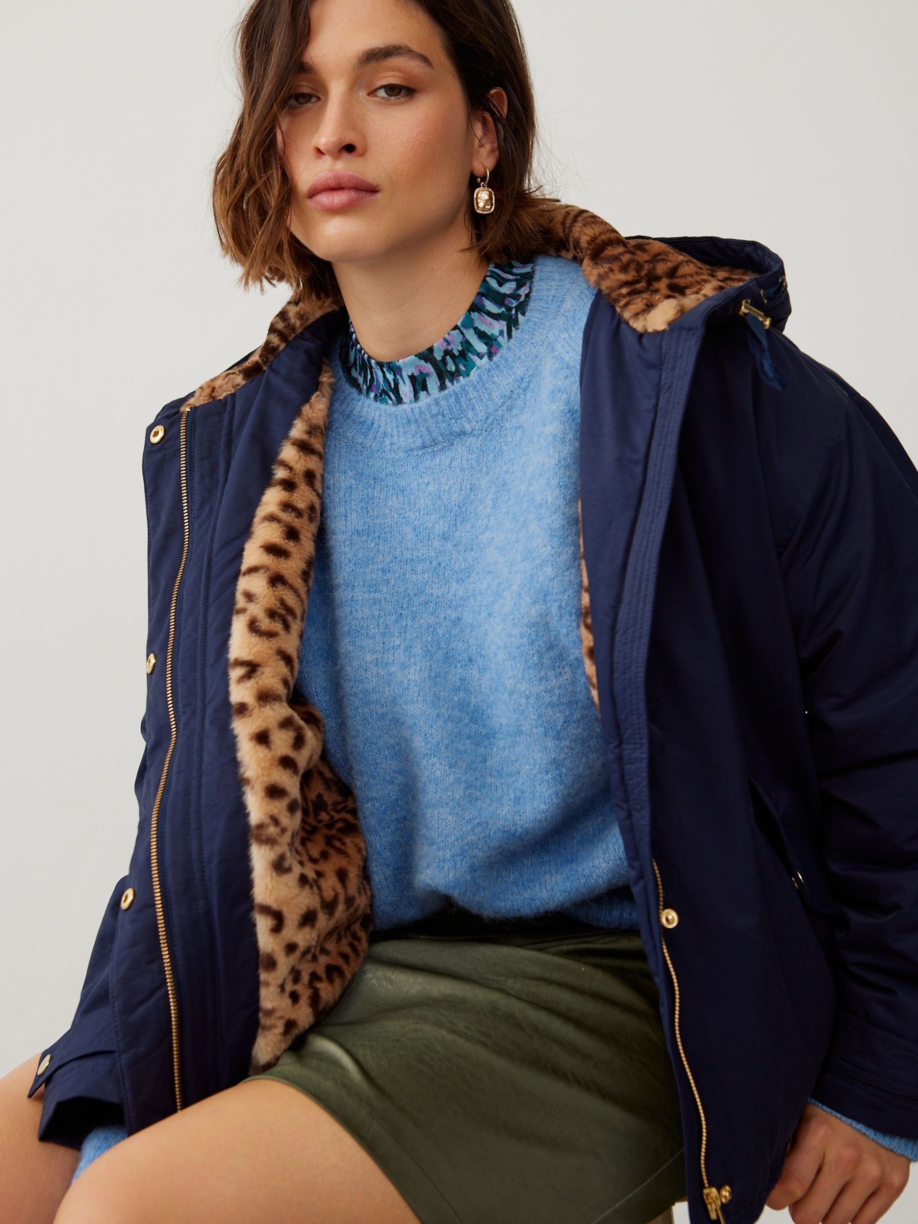 Buy Oliver Bonas Blue Short Animal Print Faux Fur Hooded Parka Coat from Next Luxembourg
