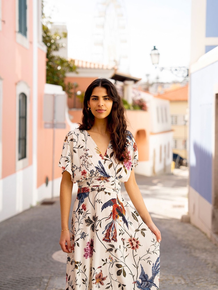 Yumi White Viscose Bird and Floral Print Kimono Midi Dress - Image 4 of 5