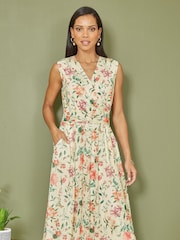 Yumi Cream Floral Print Mesh Stretch Midi Dress With Pockets - Image 1 of 4