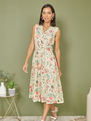 Yumi Cream Floral Print Mesh Stretch Midi Dress With Pockets - Image 2 of 4