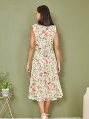 Yumi Cream Floral Print Mesh Stretch Midi Dress With Pockets - Image 3 of 4