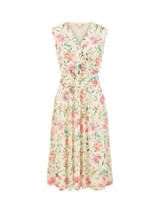 Yumi Cream Floral Print Mesh Stretch Midi Dress With Pockets - Image 4 of 4
