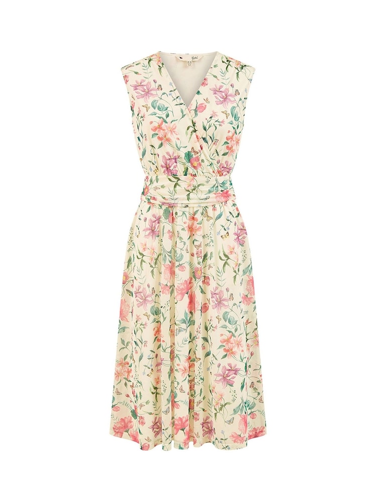 Yumi Cream Floral Print Mesh Stretch Midi Dress With Pockets - Image 4 of 4
