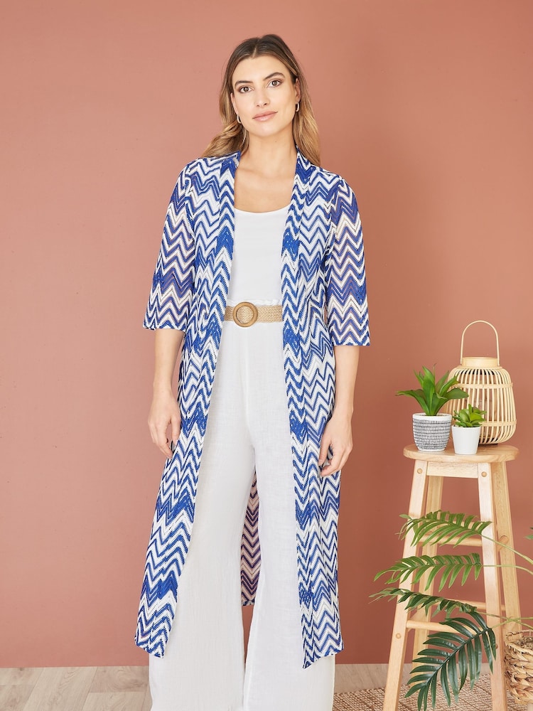 Yumi Blue Zig-Zag Crochet Long Knitted Kimono - Image 1 of 5