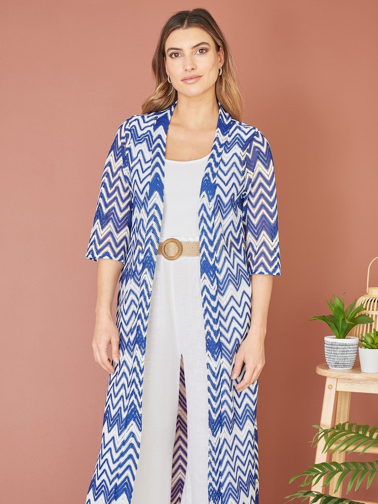 Yumi Blue Zig-Zag Crochet Long Knitted Kimono - Image 2 of 5